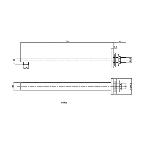 [BSSA1513] Small Rectangular Shower Arm - Technical Drawing