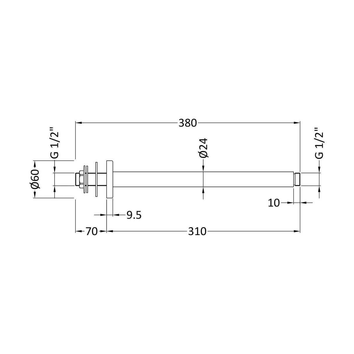[BSSA416] Balterley Round Ceiling Mount Shower Arm, 300mm, Choice of Finish - Technical Drawing