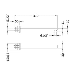 [BSSA713] Balterley Square Wall Mount Shower Arm - 360mm - Chrome - Technical Drawing