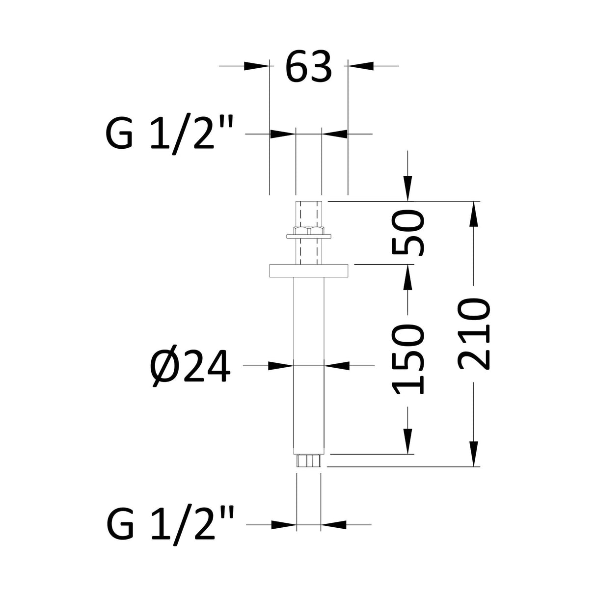 [BSSA715] Balterley Round Ceiling Mount Shower Arm - 150mm - Brushed Pewter - Technical Drawing