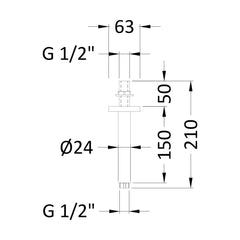 [BSSA715] Balterley Round Ceiling Mount Shower Arm, 150mm, Choice of Finish - Technical Drawing
