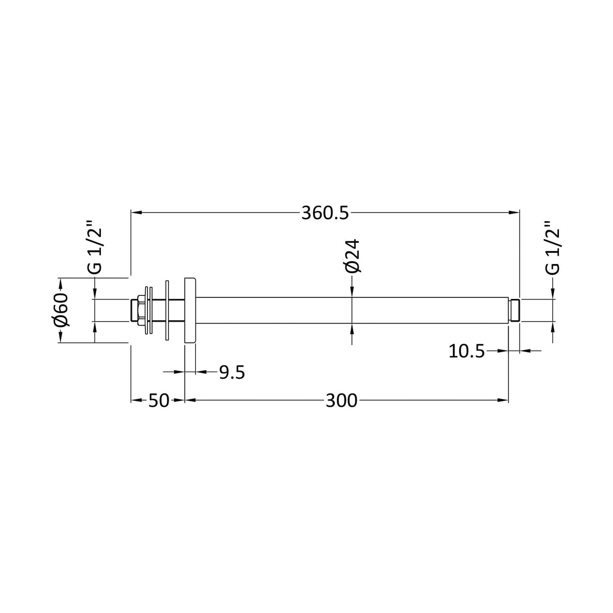 [BSSA716] Balterley Round Ceiling Mount Shower Arm, 300mm, Choice of Finish - Technical Drawing