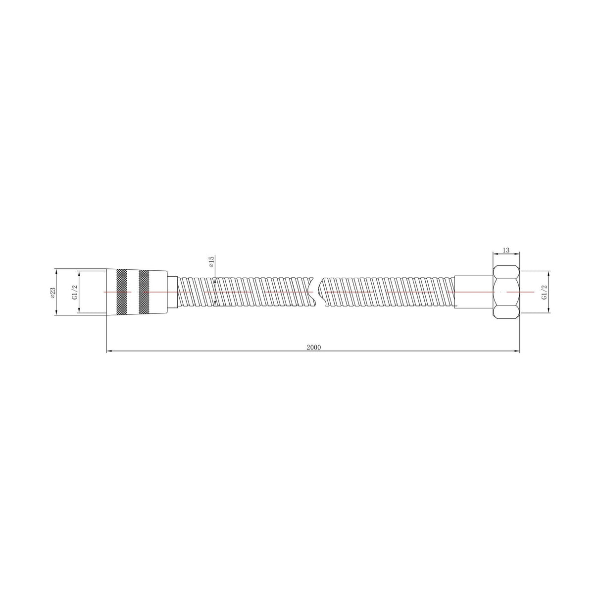 [BSSF322] 2m Flexible Chrome Shower Hose for Bathroom Showers - Technical Drawing