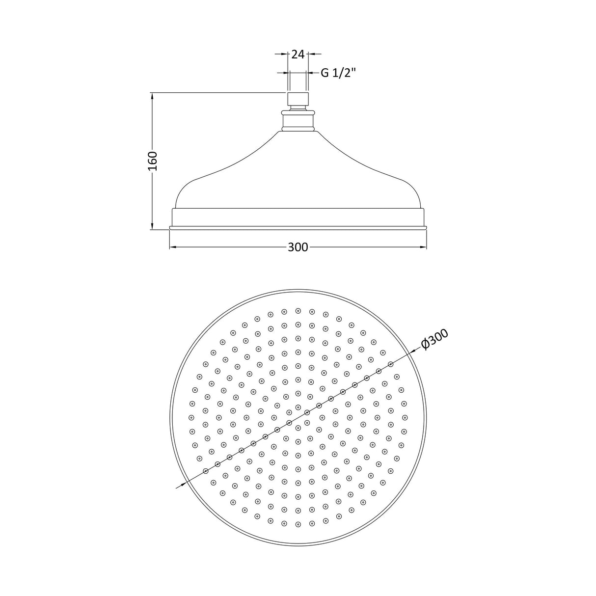 [BSSH016] Balterley Traditional Fixed Shower Head 300mm, High Flow Round Design, Suits Wall or Ceiling Arms - Chrome Finish - Technical Drawing