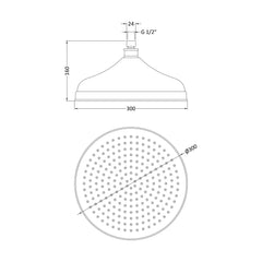 [BSSH016] Balterley Traditional Fixed Shower Head 300mm, High Flow Round Design, Suits Wall or Ceiling Arms - Chrome Finish - Technical Drawing