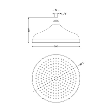 [BSSH016] Balterley Traditional Fixed Shower Head 300mm, High Flow Round Design, Suits Wall or Ceiling Arms - Chrome Finish - Technical Drawing