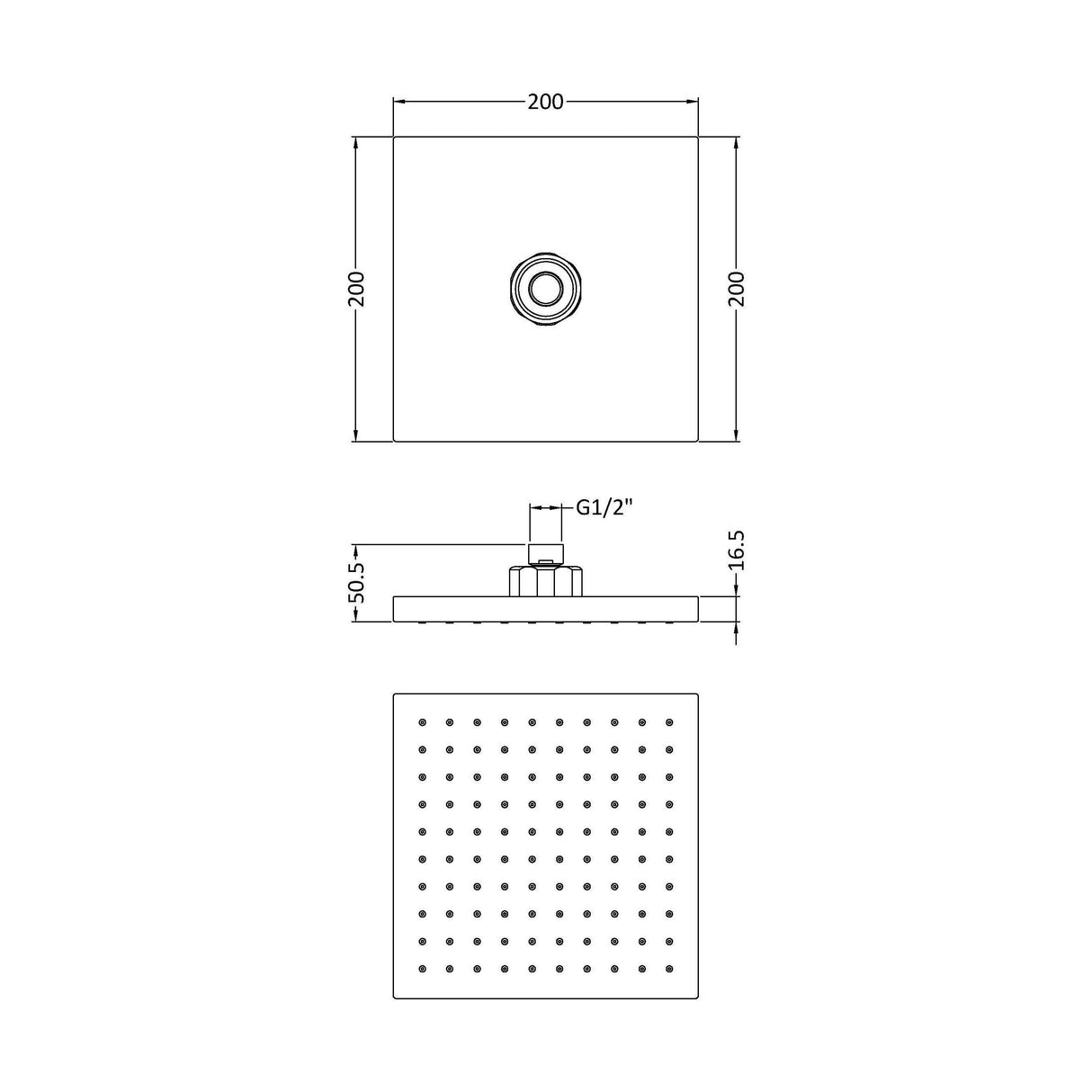 [BSSH050] Balterley Empire Square Easyclean Fixed Shower Head 200mm, Modern Design, High Flow - Chrome Finish - Technical Drawing