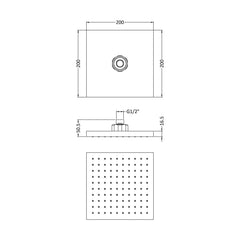 [BSSH050] Balterley Empire Square Easyclean Fixed Shower Head 200mm, Modern Design, High Flow - Chrome Finish - Technical Drawing