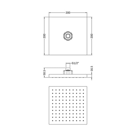 [BSSH050] Balterley Empire Square Easyclean Fixed Shower Head 200mm, Modern Design, High Flow - Chrome Finish - Technical Drawing