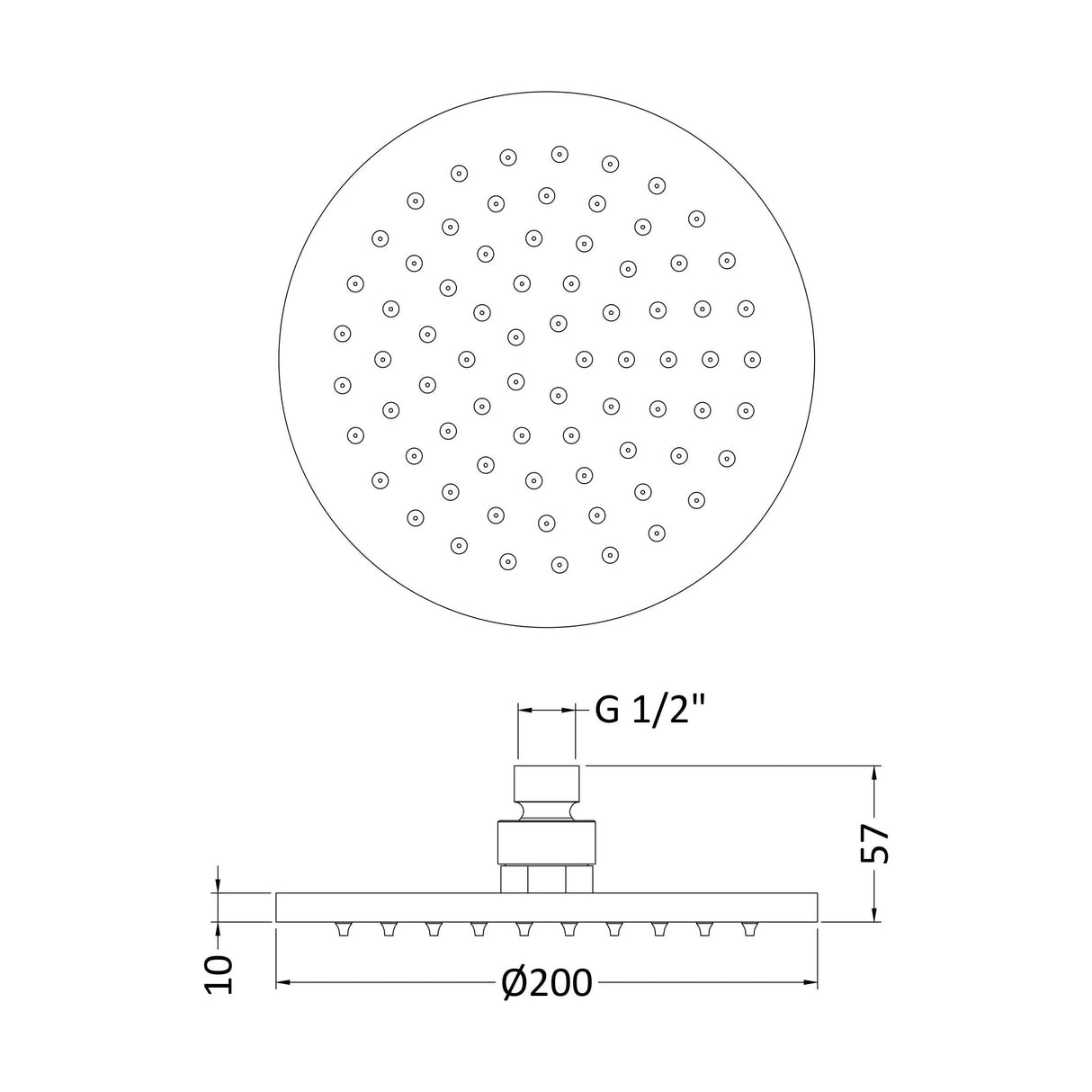 [BSSH069] Round LED Fixed Shower Head, 200mm - Chrome - Technical Drawing