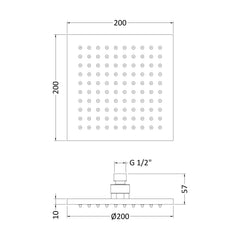 [BSSH070] Square LED Fixed Shower Head, Chrome - Choice of Size - Technical Drawing