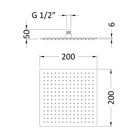 [BSSH088] 200 Square Stainless Steel Shower Head - Technical Drawing