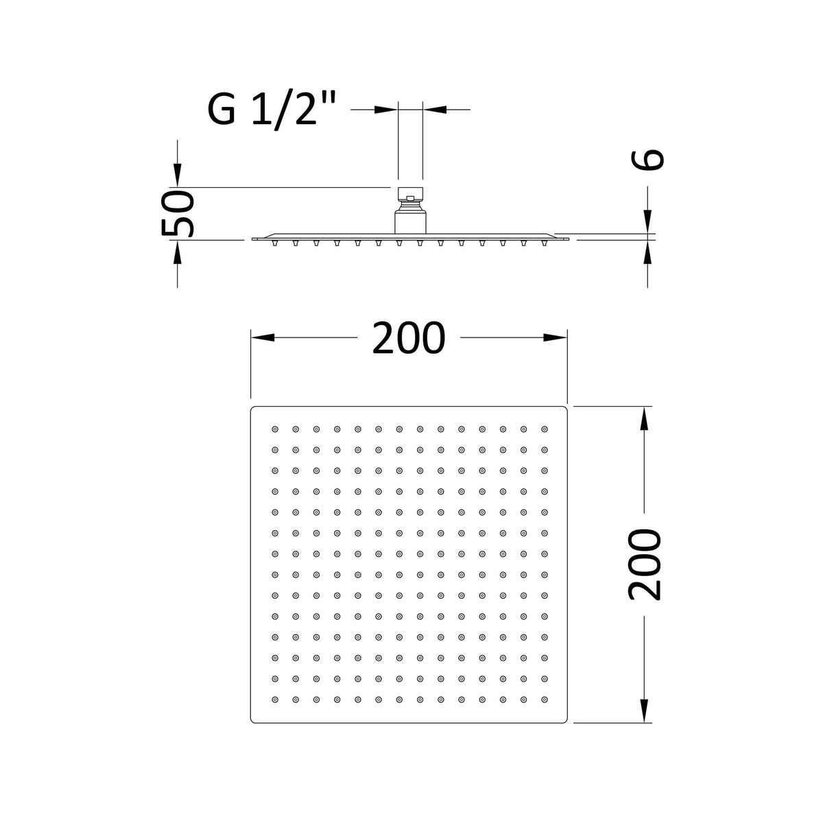 [BSSH088] Square Fixed Head, 200mm, Choice of Finish - Technical Drawing
