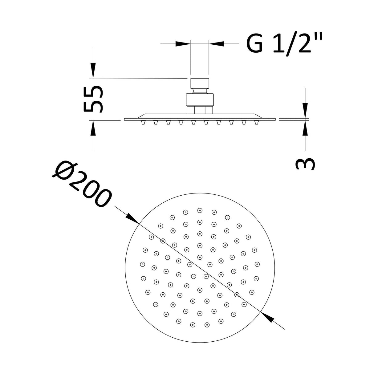[BSSH1582] Round Fixed Head 200mm Diameter - Technical Drawing