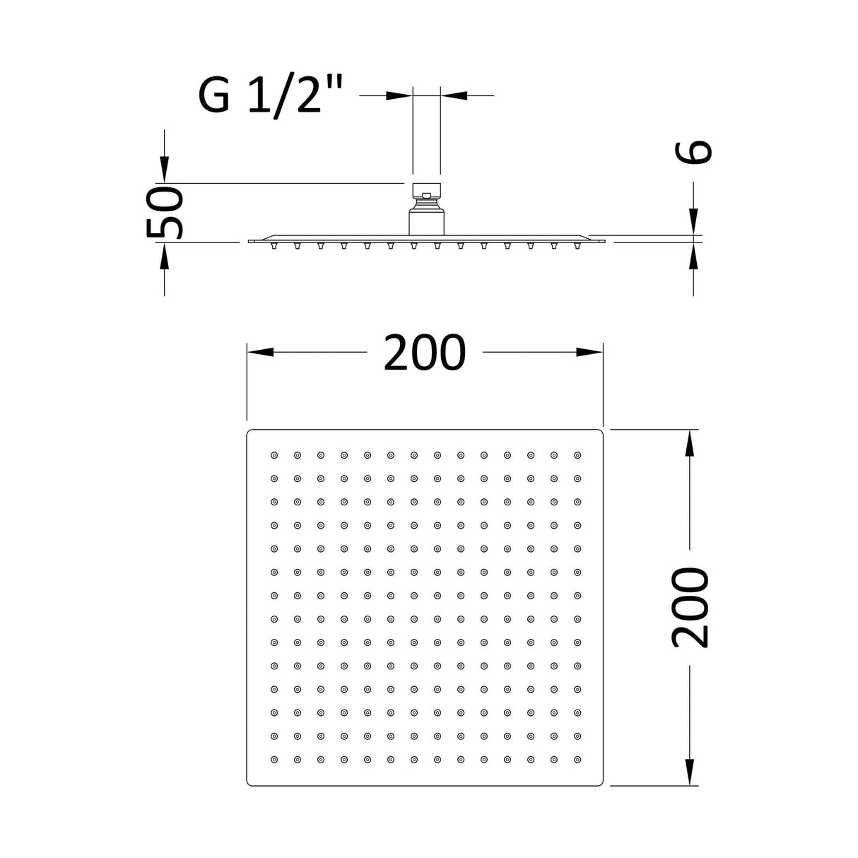 [BSSH1588] Square Fixed Head 200mm Diameter - Technical Drawing