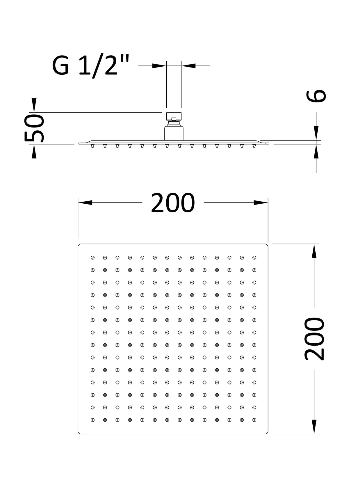 [BSSH1588] Square Fixed Head, 200mm, Choice of Finish - Technical Drawing