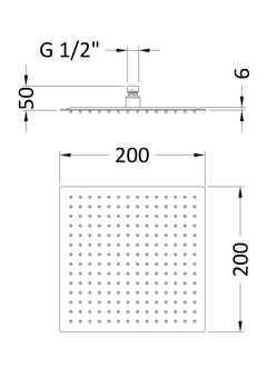 [BSSH1588] Square Fixed Head, 200mm, Choice of Finish - Technical Drawing