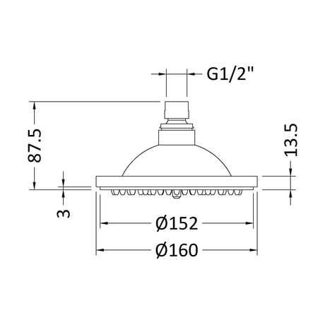 [BSSH304] Rose Round Easyclean Shower Head - 152mm - Chrome - Technical Drawing