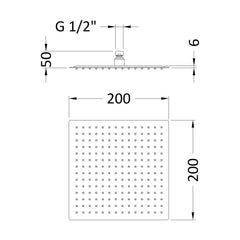 [BSSH8088] Square Fixed Head, 200mm - Matt Black - Technical Drawing