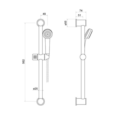 [BSSK001] Adjustable Shower Slide Rail Kit 100mm x 100mm - Chrome - Technical Drawing
