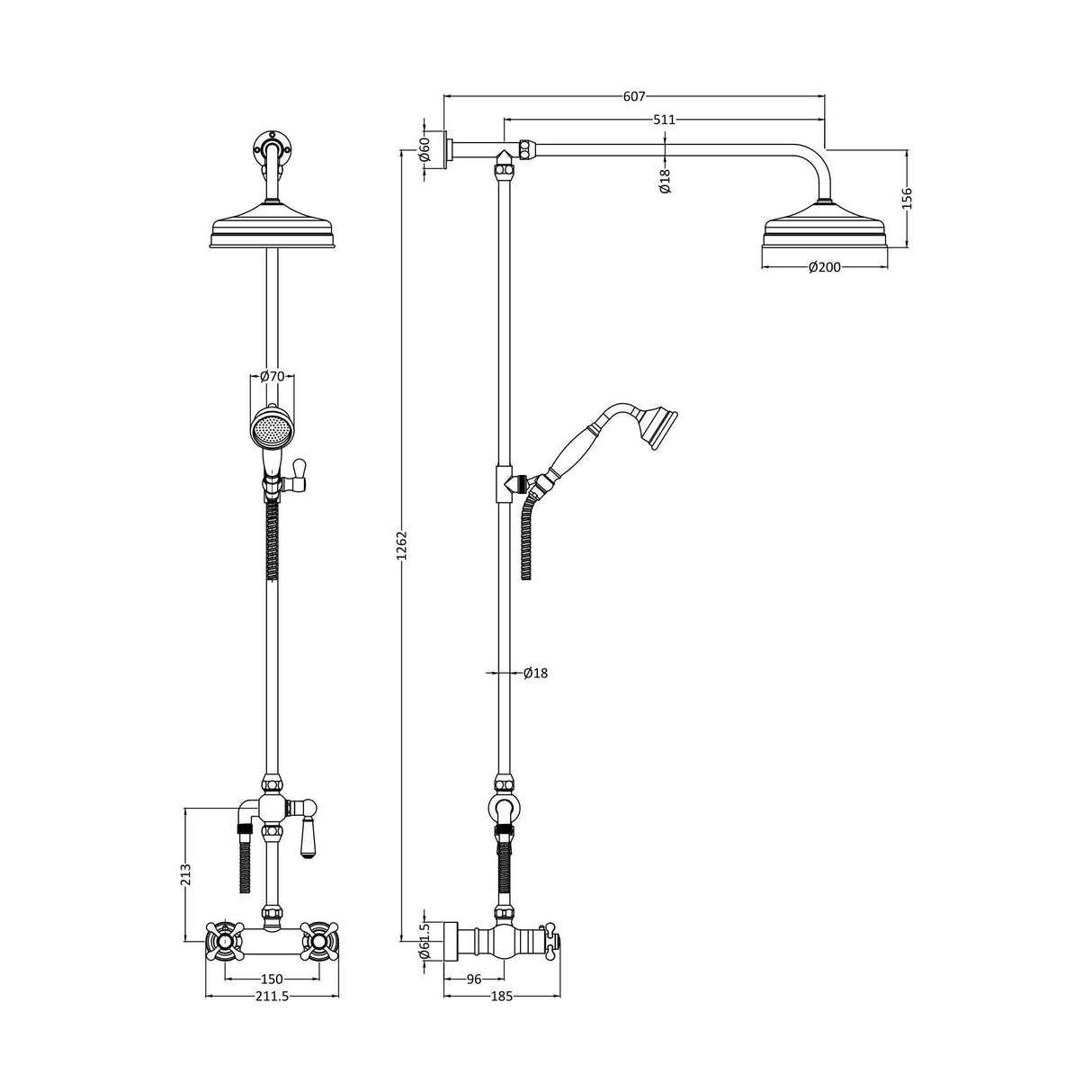[BSSK3117] Traditional Exposed Thermostatic Shower Valve & Kit (1 Outlet) - Chrome - Balterley - Technical Drawing