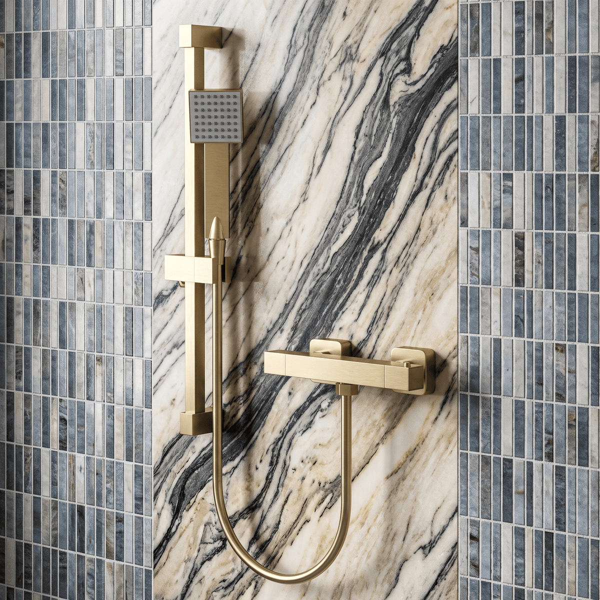 [BSSK827] Square Thermostatic Bar Valve with Slider Rail Shower Kit - Choice of Finish - Lifestyle 1