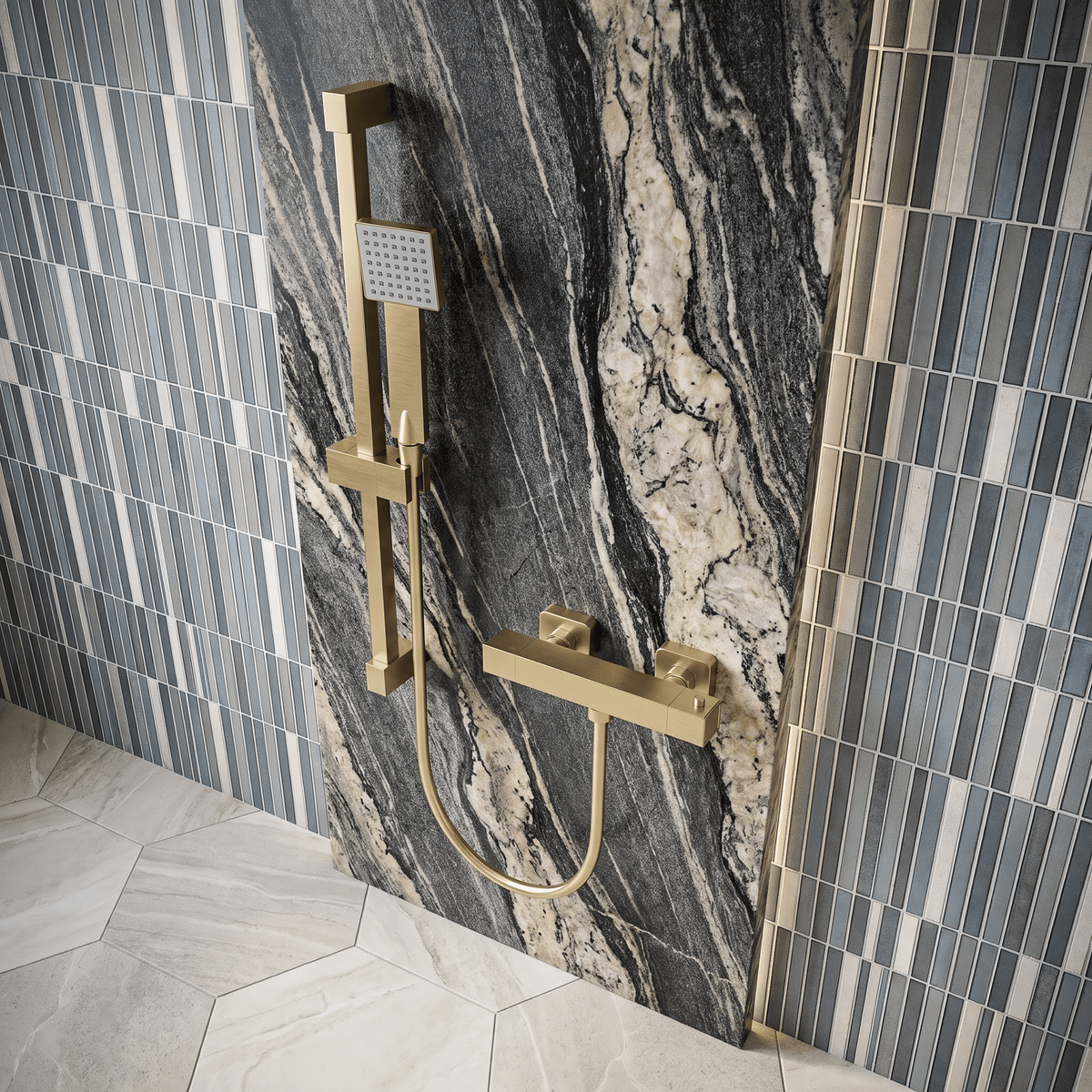 [BSSK827] Square Thermostatic Bar Valve with Slider Rail Shower Kit - Choice of Finish - Lifestyle 2