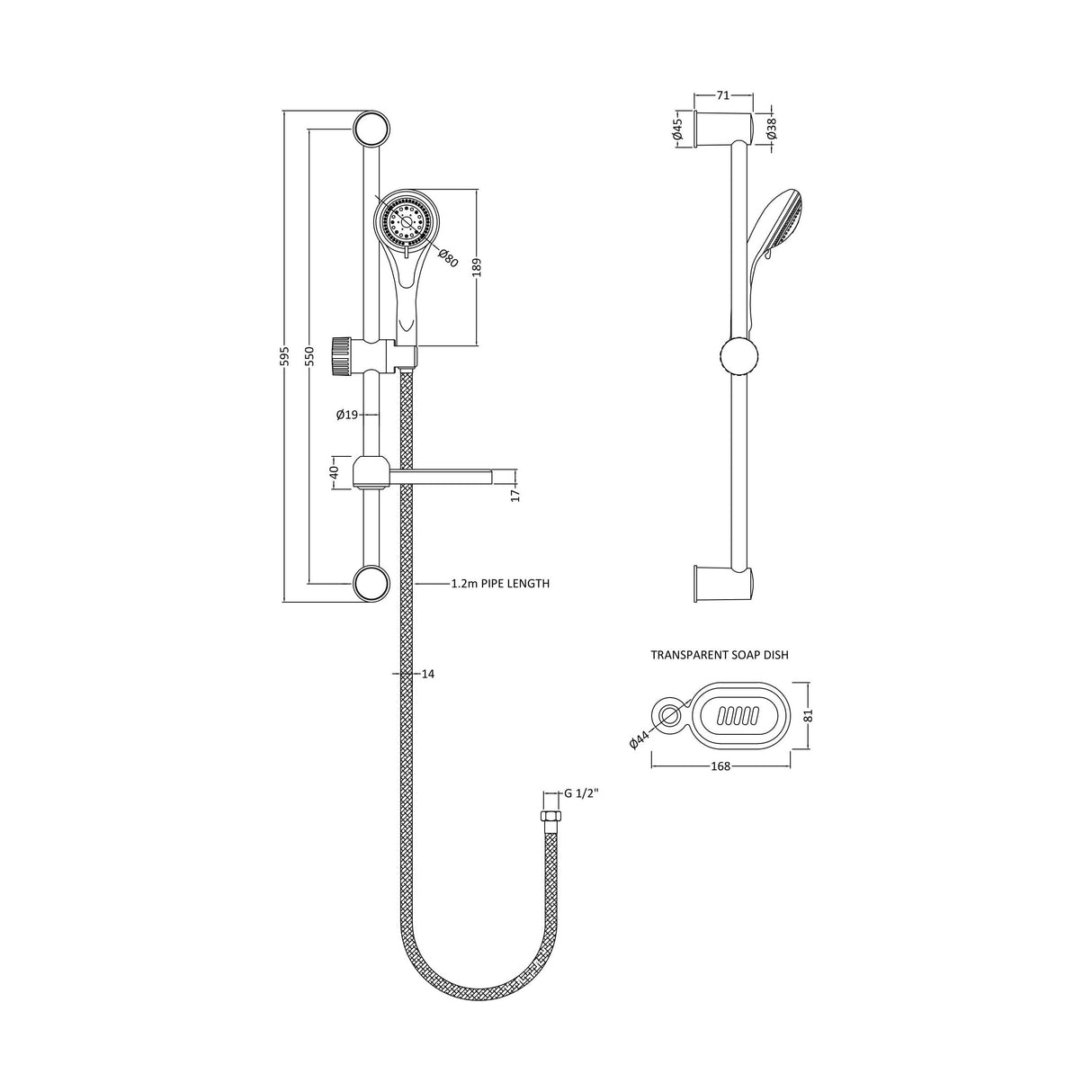 [BSSR034] Balterley Contemporary Round Slide Rail Shower Kit with Multi Function Head and Outlet Elbow - Chrome - Technical Drawing