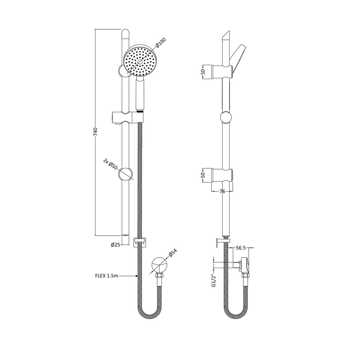 [BSSR035] Balterley Contemporary Round Slide Rail Shower Kit with Water Saving Head and Outlet Elbow - Chrome - Technical Drawing