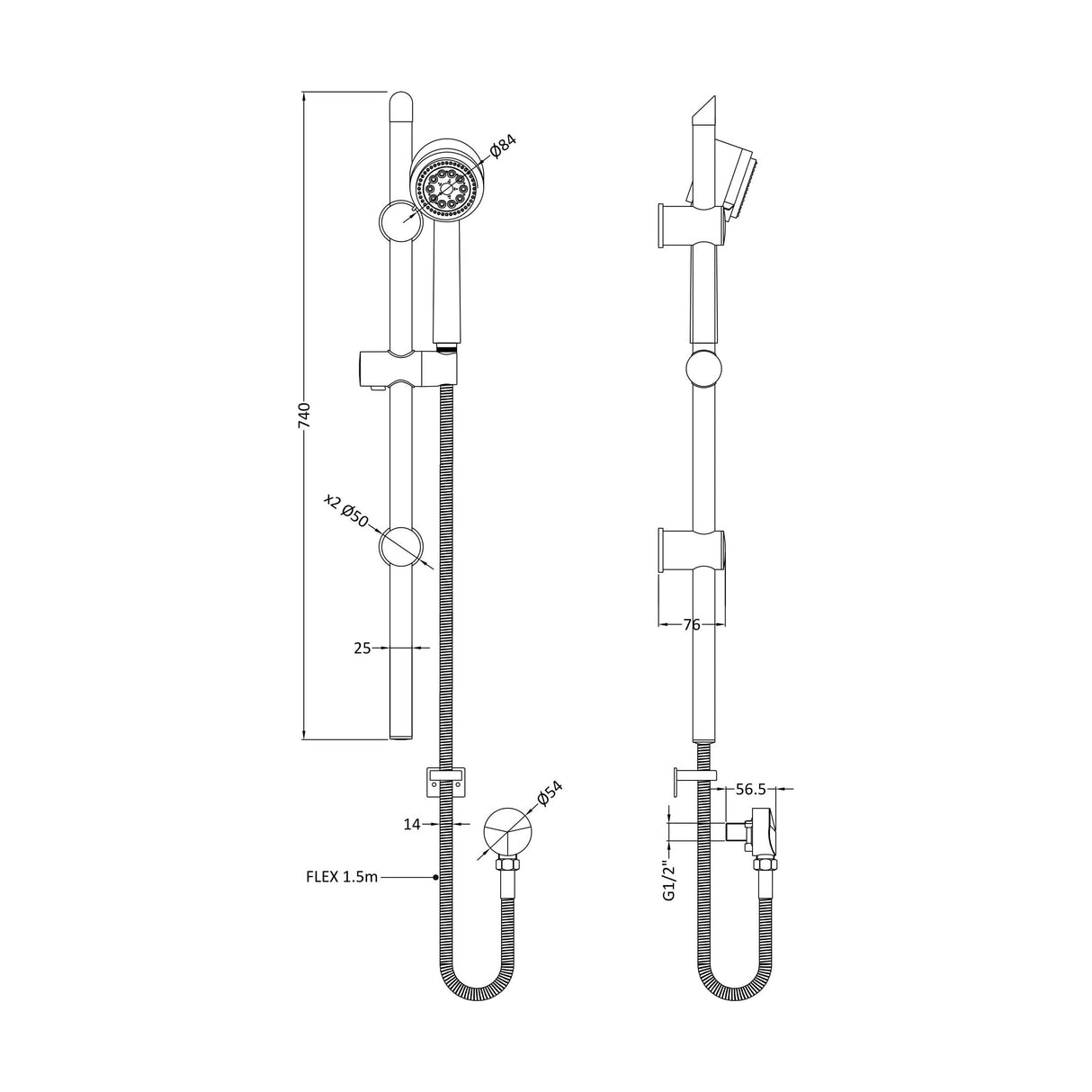 [BSSR042] Slide Rail Shower Kit with Multi Function Head & Outlet Elbow - Chrome - Technical Drawing