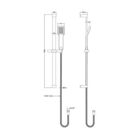 [BSSR059] Square Slide Rail Shower Kit with Single Function Head - Chrome - Technical Drawing