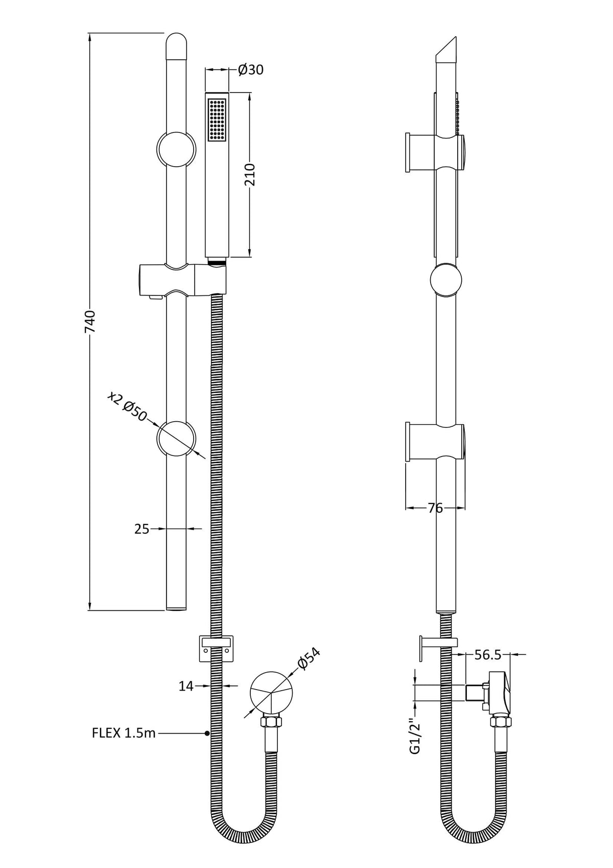 [BSSR1542] Round Slide Rail Shower Kit with Outlet Elbow, Choice of Finish - Technical Drawing