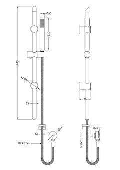[BSSR1542] Round Slide Rail Shower Kit with Outlet Elbow, Choice of Finish - Technical Drawing