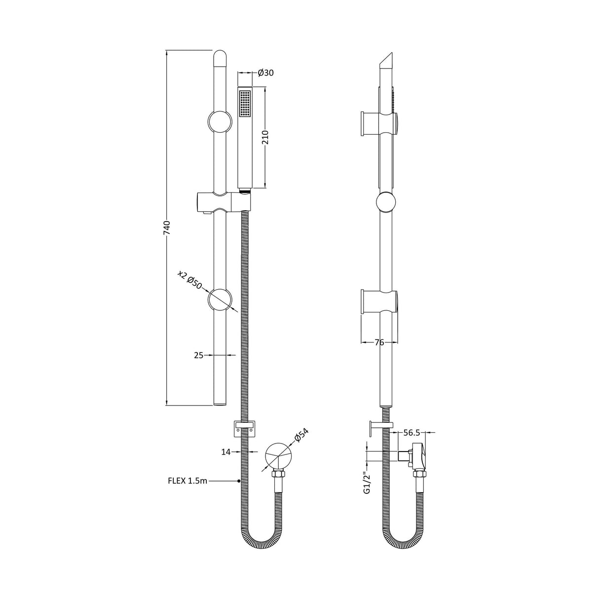 [BSSR442] Round Slide Rail Shower Kit with Outlet Elbow - Matt Black - Technical Drawing