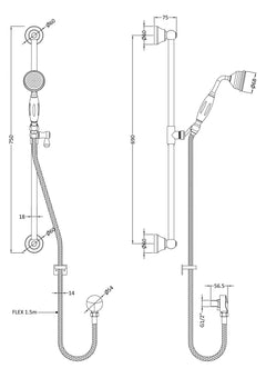 [BSSR7211] Traditional Slide Rail Shower Kit with Outlet Elbow - Choice of Finish - Technical Drawing