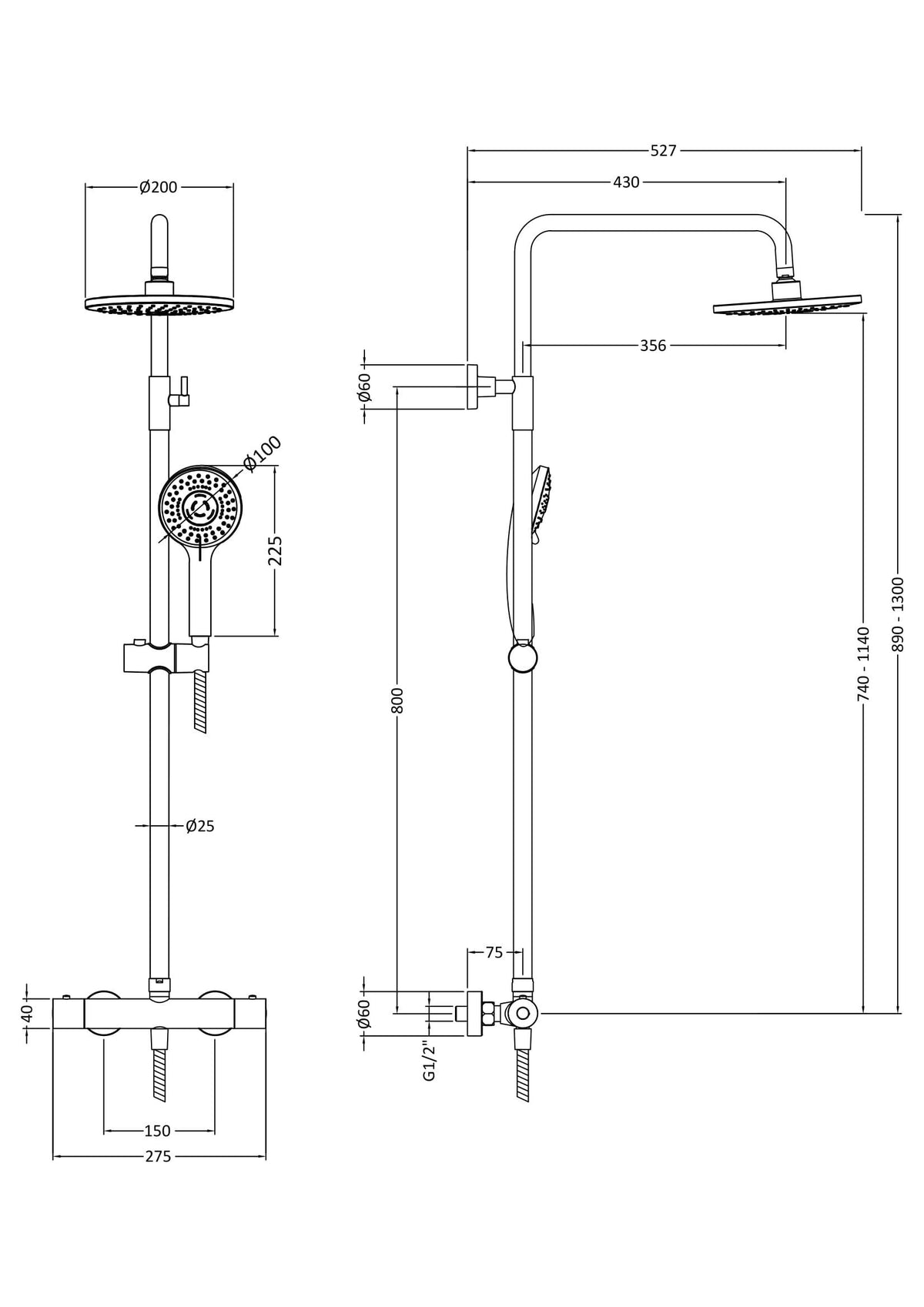 [BSTK1575] Consall Round Thermostatic Shower Kit with Fixed Head & Adjustable Handset - Multiple Colours Available - Technical Drawing