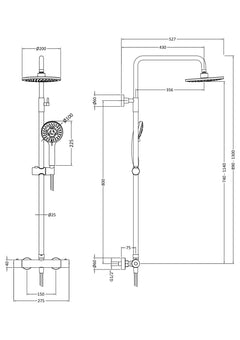 [BSTK1575] Consall Round Thermostatic Shower Kit with Fixed Head & Adjustable Handset - Multiple Colours Available - Technical Drawing