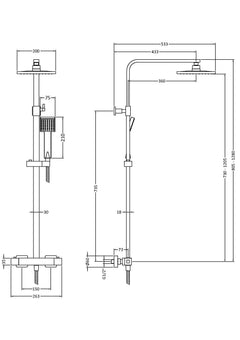 [BSTK1586] Swinscoe Square Thermostatic Shower Kit with Fixed Head & Adjustable Handset - Multiple Colours Available - Technical Drawing
