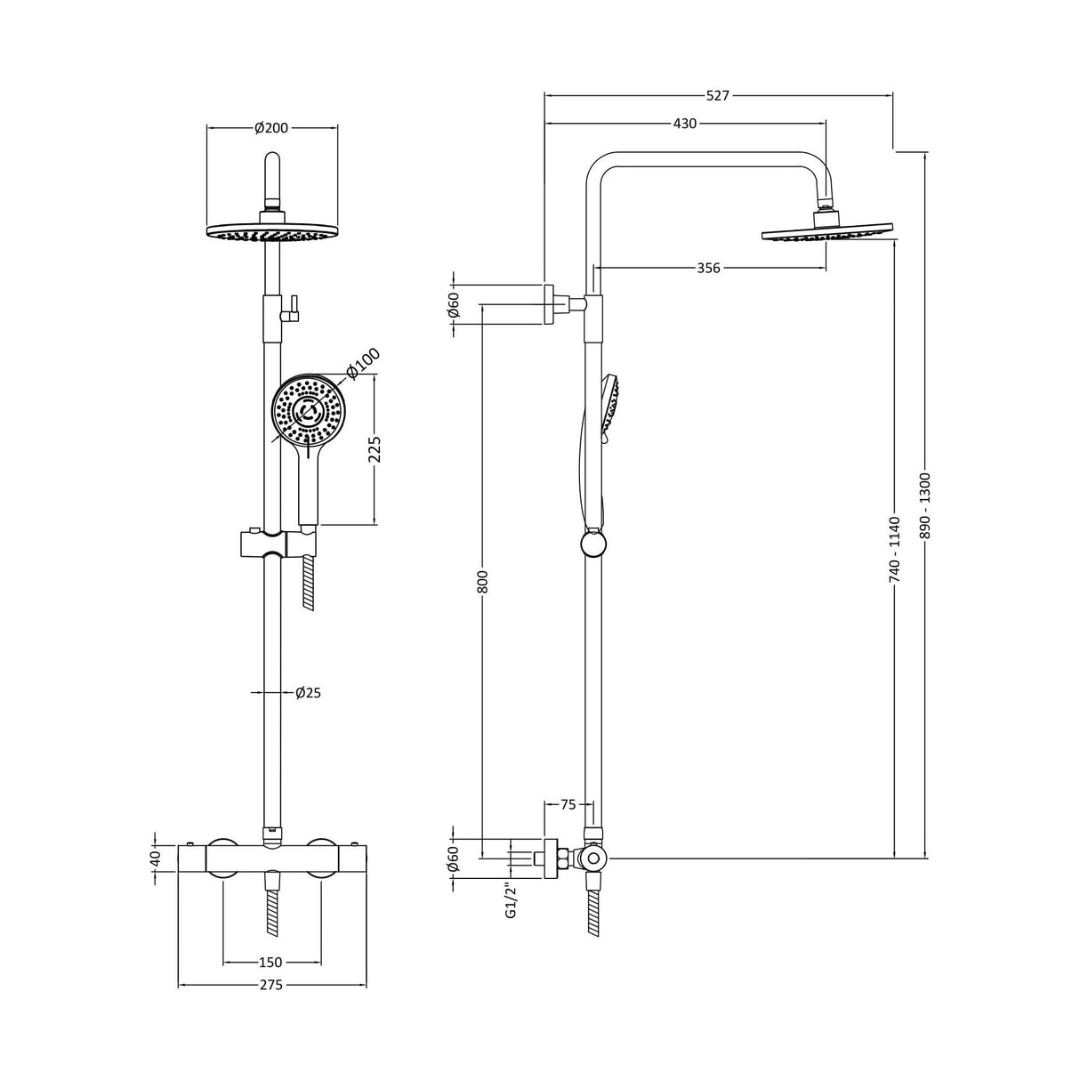 [BSTK375] Consall Round Thermostatic Shower Kit with Fixed Head & Adjustable Handset - Multiple Colours Available - Technical Drawing