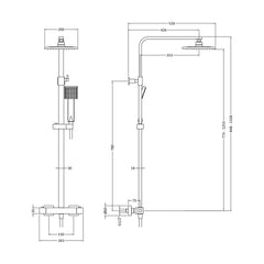 [BSTK486] Swinscoe Square Thermostatic Shower Kit with Fixed Head & Adjustable Handset - Multiple Colours Available - Technical Drawing