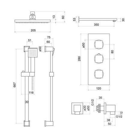[BSTSS702] Raffa Conc Thermo Shower Set BG - Technical Drawing