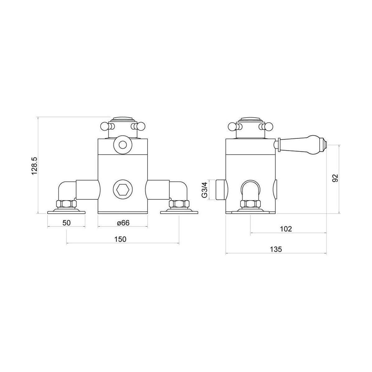 [BSV101] Traditional Exposed Thermostatic Shower Valve 128mm x 135mm - Chrome - Technical Drawing