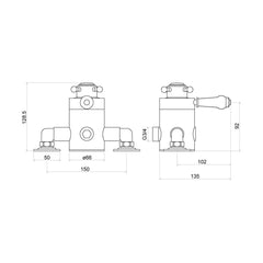 [BSV101] Traditional Exposed Thermostatic Shower Valve 128mm x 135mm - Chrome - Technical Drawing