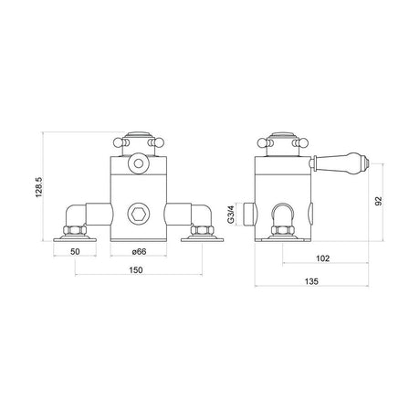[BSV101] Traditional Exposed Thermostatic Shower Valve 128mm x 135mm - Chrome - Technical Drawing