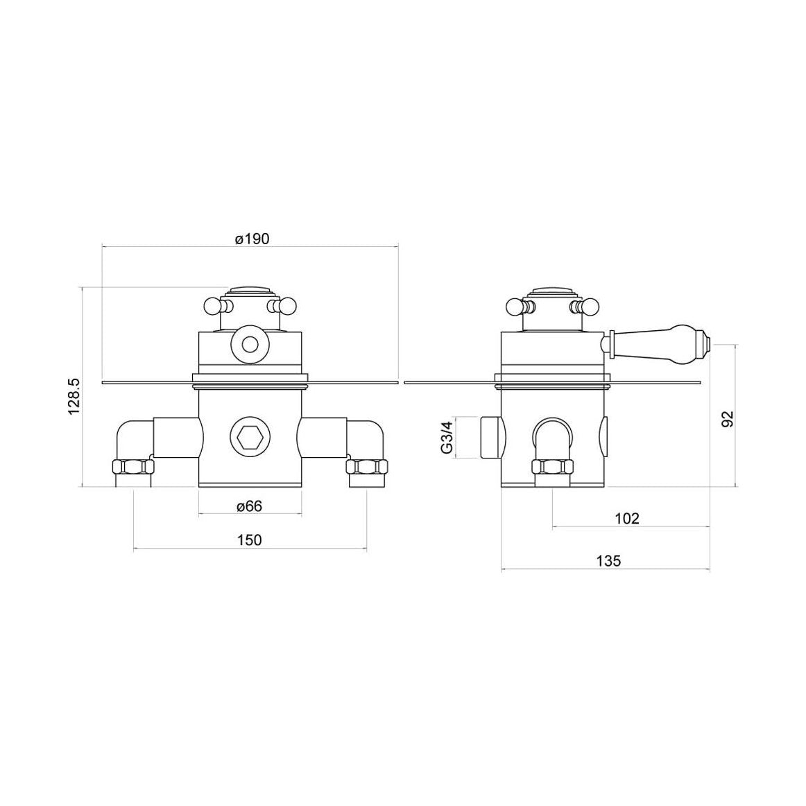 [BSV102] Traditional Concealed Thermostatic Shower Valve 128mm x 135mm - Chrome - Technical Drawing