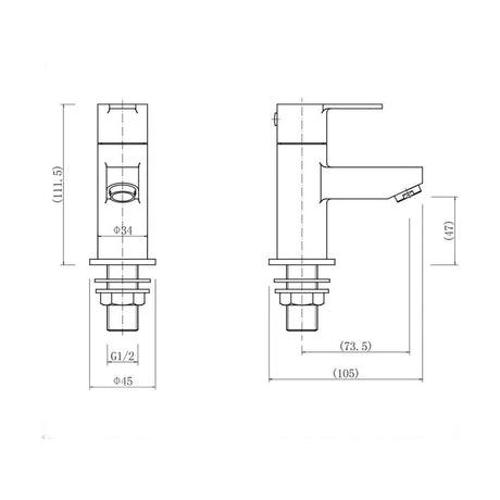 [BT9006BL] Modern Bathroom Round Basin Pillar Taps (Pair) - Black - Technical Drawing
