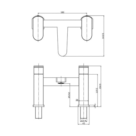 [BT9021] Modern Bathroom Soft Square Deck Mounted Bath Shower Mixer Tap - Chrome - Technical Drawing