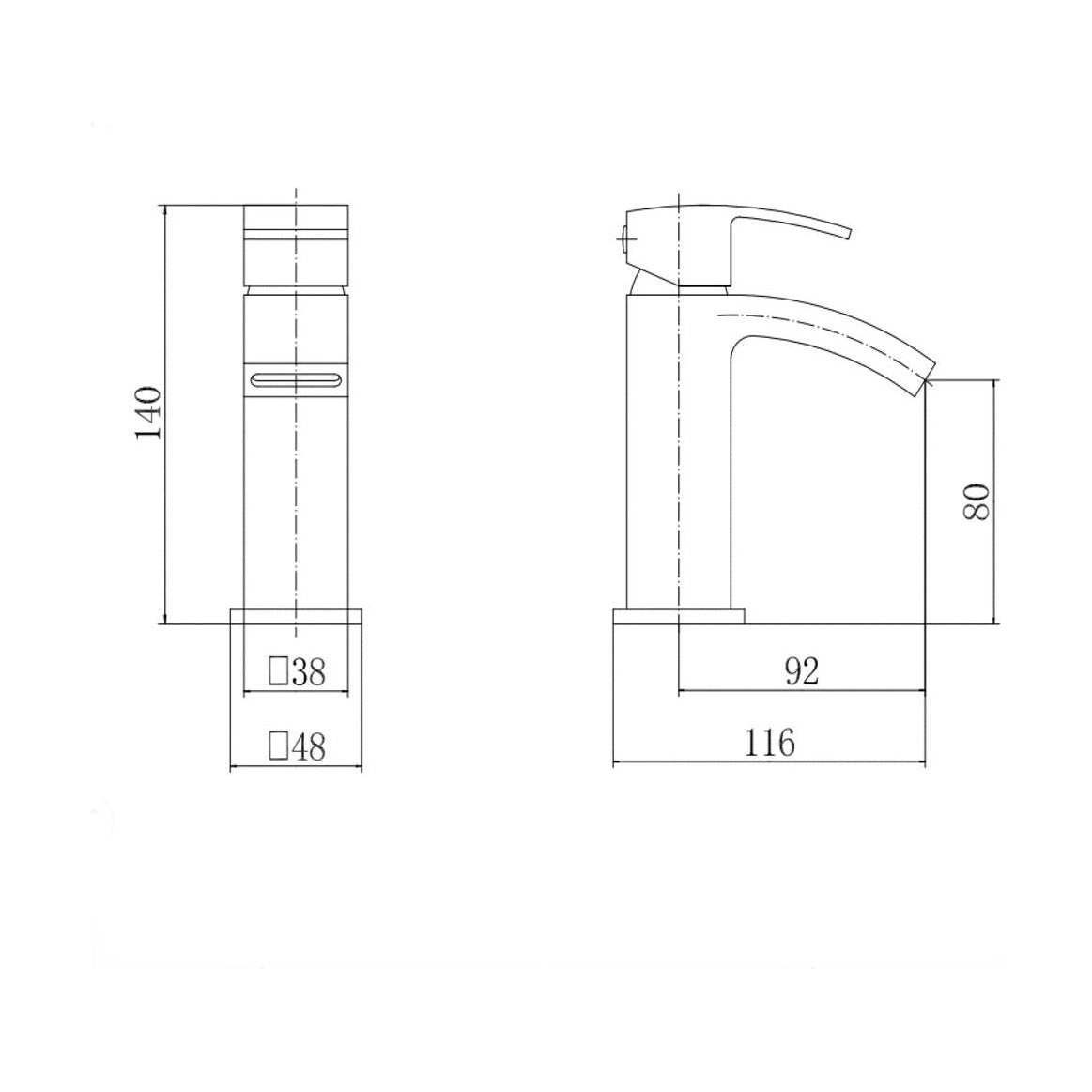 [BT9041BL] Contemporary Bathroom Mini Basin Tap – Square Lever, 133.5 x 48mm, Black - Technical Drawing
