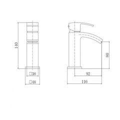 [BT9041BL] Contemporary Bathroom Mini Basin Tap – Square Lever, 133.5 x 48mm, Black - Technical Drawing