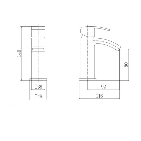 [BT9041BL] Contemporary Bathroom Mini Basin Tap – Square Lever, 133.5 x 48mm, Black - Technical Drawing